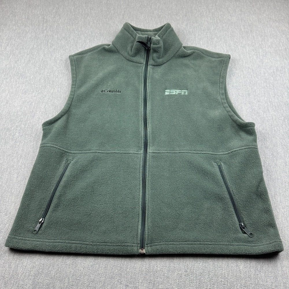 Columbia Vest Men XL Green Full Zip Cathedral Peak II Fleece Outdoor Hiking Logo